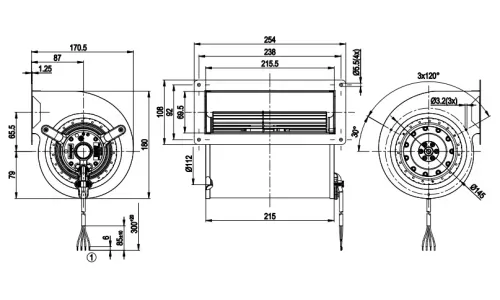 Габаритные размеры центробежного вентилятора D2E133AM47A3 Ebmpapst Габаритные размеры центробежного вентилятора D2E133AM47A3 Ebmpapst