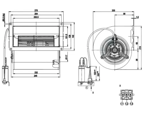 Габаритные размеры центробежного вентилятора D2E146AP4797 Ebmpapst Габаритные размеры центробежного вентилятора D2E146AP4797 Ebmpapst