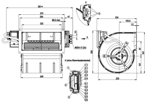 Габаритные размеры центробежного вентилятора D3G160BD0502 Ebmpapst
