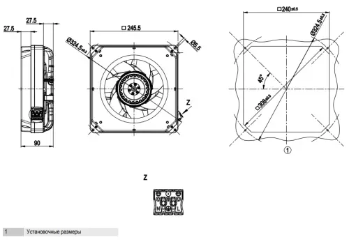 Габаритные размеры центробежного вентилятора K2E200AD2001 Ebmpapst