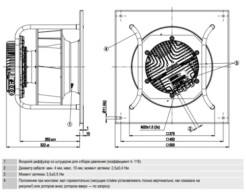 Габаритные размеры центробежного вентилятора ЕС-K3G310BB4932 Ebmpapst