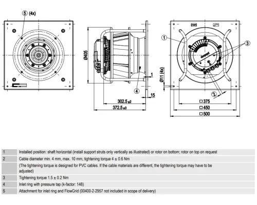Габаритные размеры центробежного вентилятора K3G355-PV70-01/F01 Ebmpapst