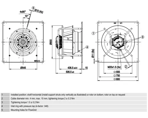 Габаритные размеры центробежного вентилятора K3G560-PB31-03/F02 Ebmpapst