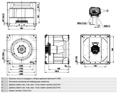 Габаритные размеры центробежного вентилятора K3G800AR0801 Ebmpapst