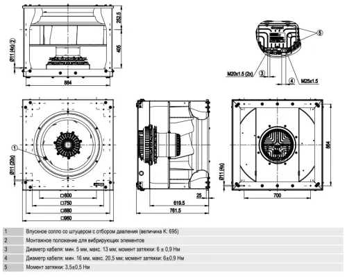 Габаритные размеры центробежного вентилятора K3G800AS0701 Ebmpapst