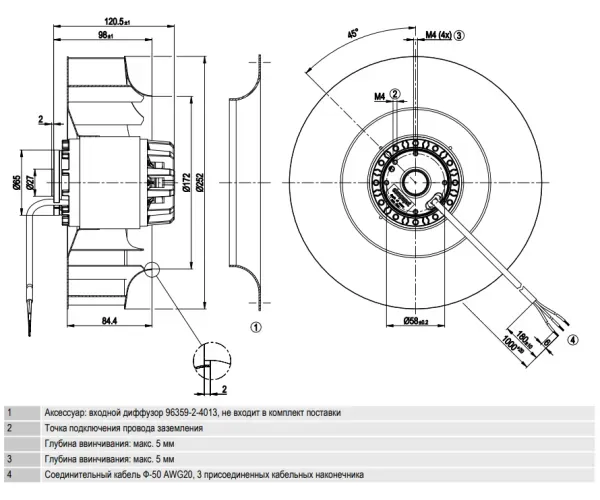 Габаритные размеры центробежного вентилятора R2E250AL0516 Ebmpapst Габаритные размеры центробежного вентилятора R2E250AL0516 Ebmpapst
