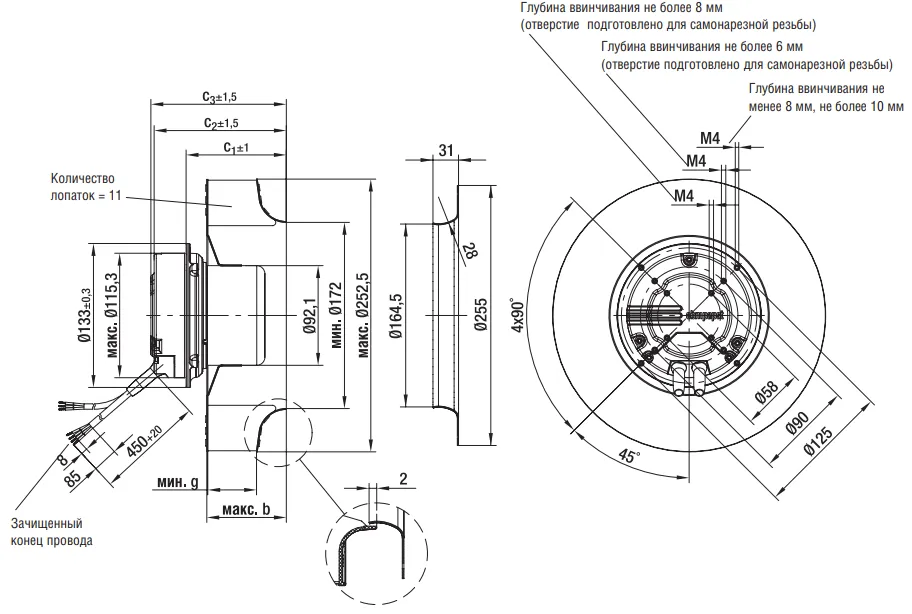 Габаритные размеры Ebmpapst Габаритные размеры R3G250-AM50-01 Ebmpapst