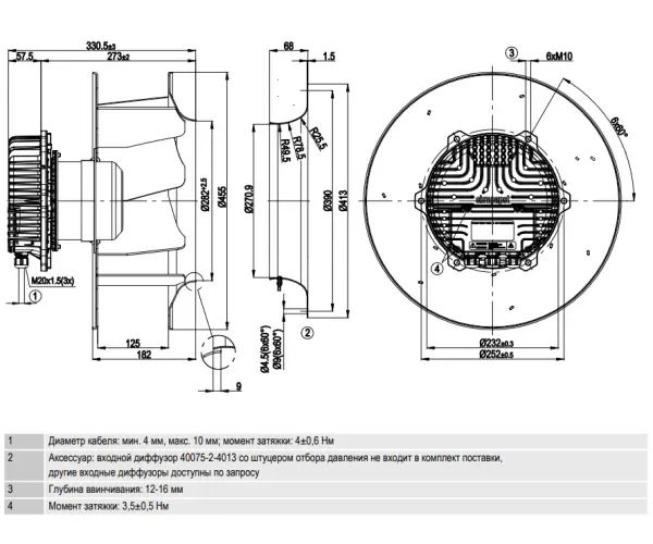 Габаритные размеры центробежного вентилятора R3G400AY8701 Ebmpapst