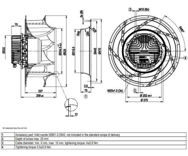 Габаритные размеры центробежного вентилятора R3G500RA2471 Ebmpapst Габаритные размеры центробежного вентилятора R3G500RA2471 Ebmpapst
