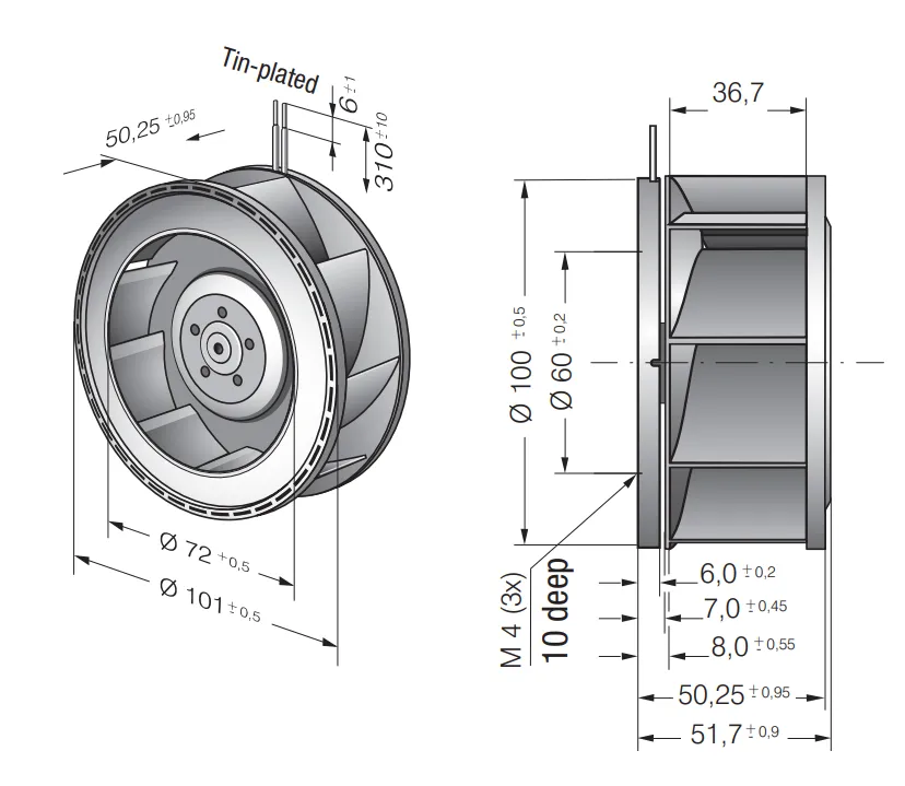 Габаритные размеры компактного вентилятора RER 101-36/12 NHH Ebmpapst