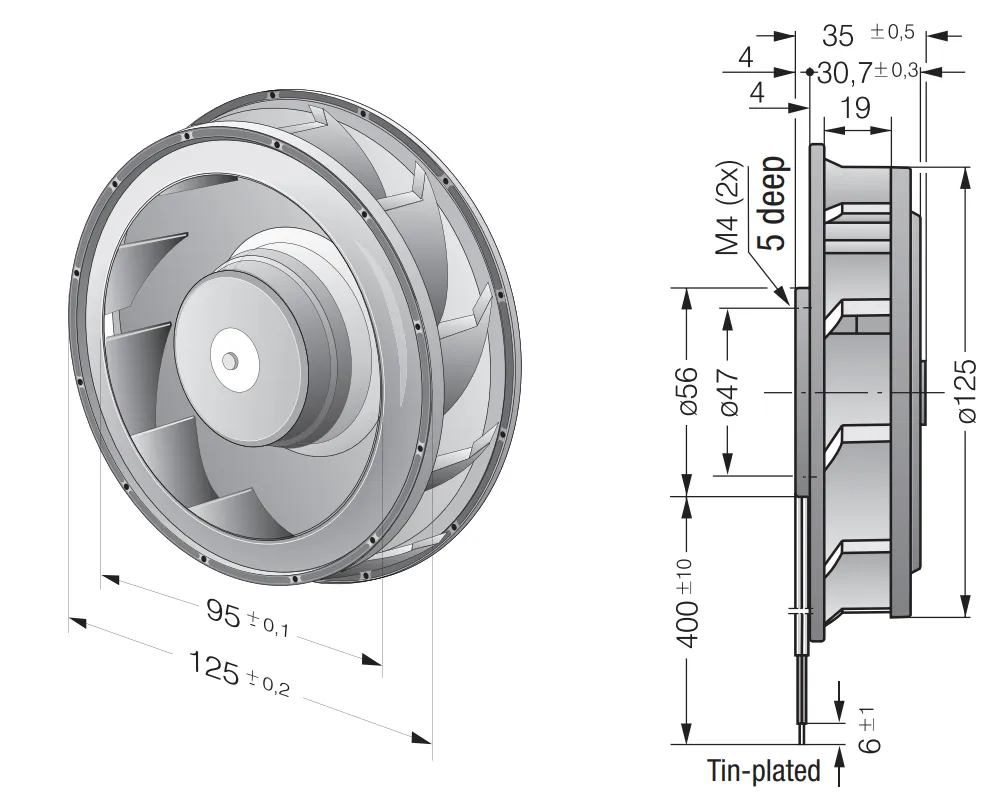 Габаритные размеры компактного вентилятора RER 125-19/14 N Ebmpapst