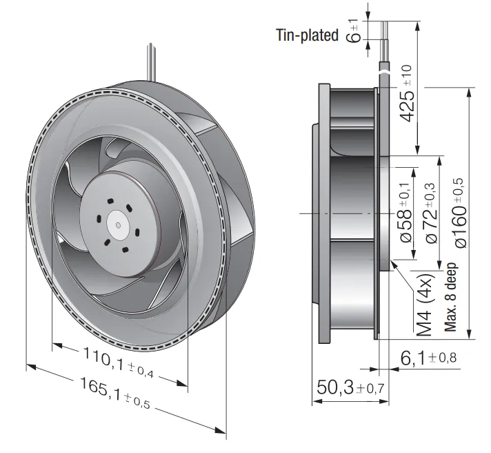 Габаритные размеры компактного вентилятора RER 160-28/18 NTD Ebmpapst