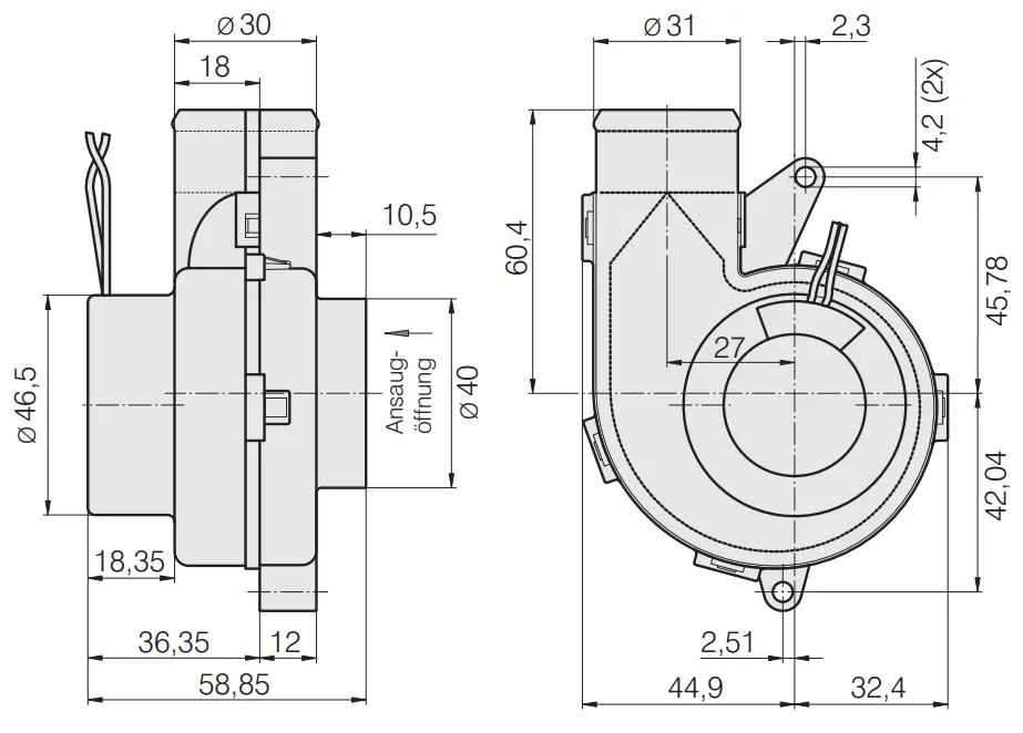 Габаритные размеры компактного вентилятора RV 40-18/12 L Ebmpapst