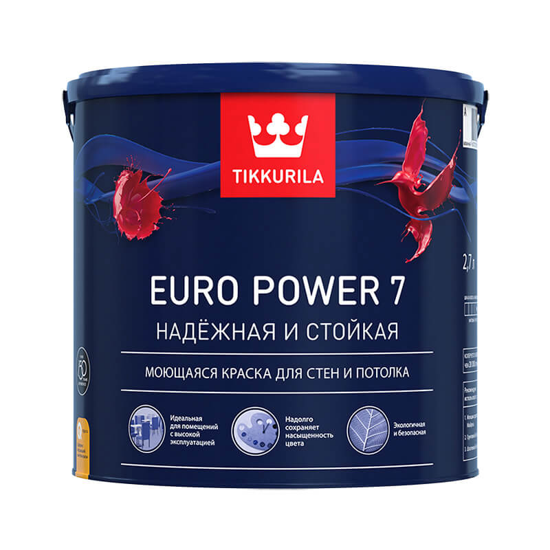 17513 Краска моющаяся Tikkurila Euro Power 7 основа С матовая (2,7 л) — изображение 1