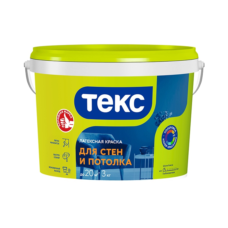 19074 Краска в/д для стен и потолка Текс Универсал (3 кг) — изображение 1
