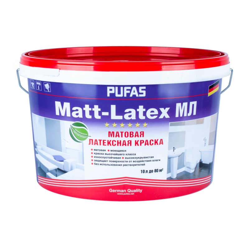 21616 Краска моющаяся латексная Pufas Matt-Latex основа А матовая (10 л) — изображение 1