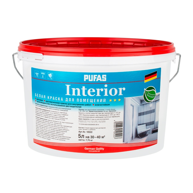 26395 Краска интерьерная Pufas Interior oснова А, влагостойкая, белая, КМ0 (5 л) — изображение 1