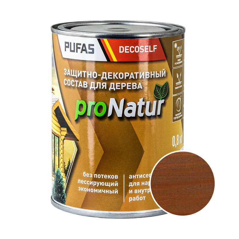 60309 Антисептик лессирующий для дерева Pufas ProNatur орех (0,8 л) — изображение 1