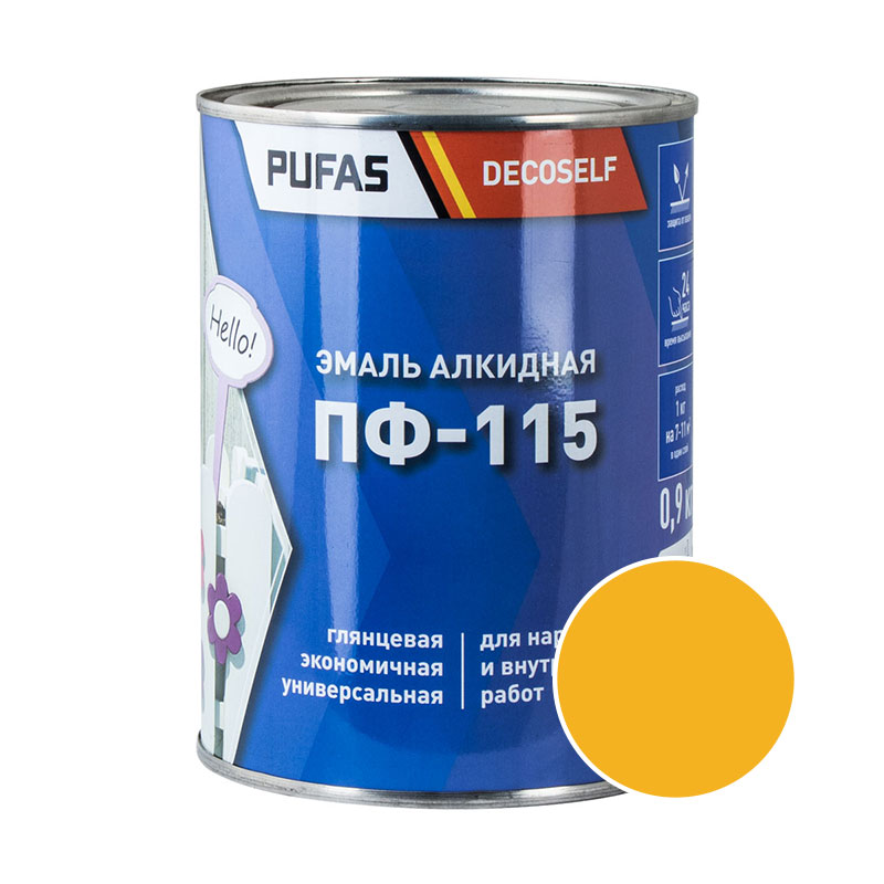 60385 Эмаль Pufas Decoself ПФ-115 желтая (0,9 кг) — изображение 1