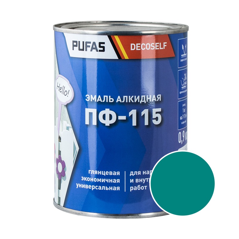 73945 Эмаль Pufas Decoself ПФ-115 бирюзовая (0,9 кг) — изображение 1