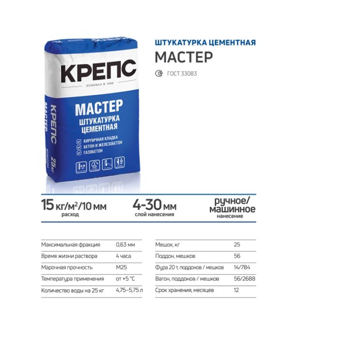 Штукатурка цементная Крепс Мастер, 25 кг — изображение 2